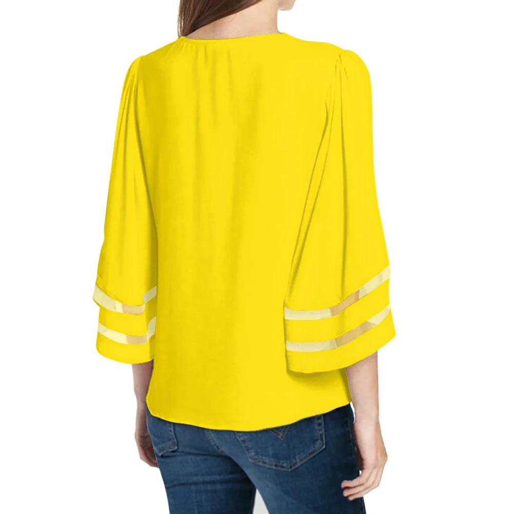 
Summer Hot Sale Clothing Fluorescent Yellow Neck Bell Sleeve Tops Loose Chiffon Blouse Shirts Brand Clothes Women Image Custom 