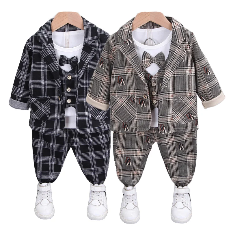 Children Clothes Set Baby Boutique Long Sleeve bowtie shirt coat pants Plaid Top cotton hoodie 3 Pieces Clothes casual Suit Set