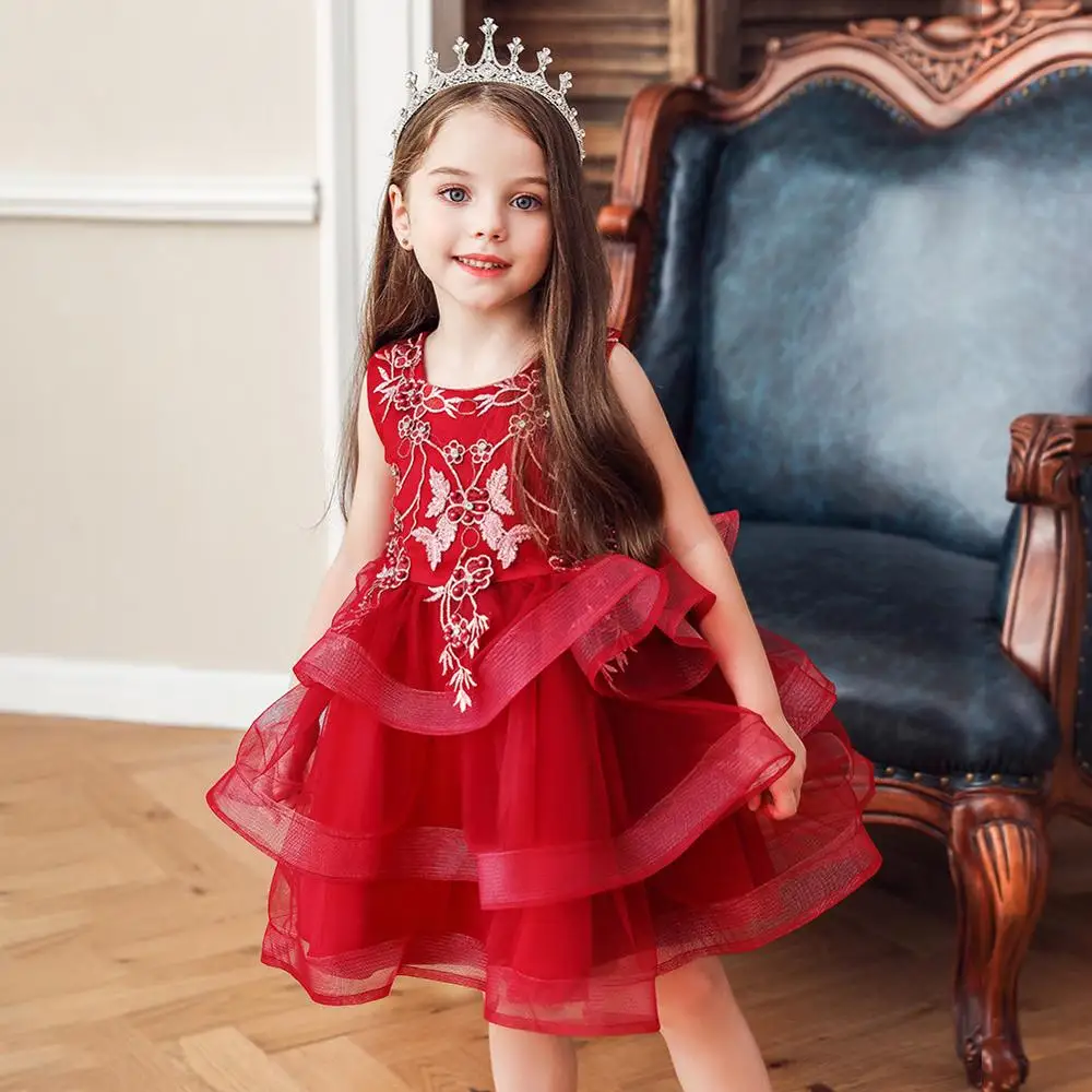 Girls embroidered princess dress bow dress mesh multi-layer pettiskirt