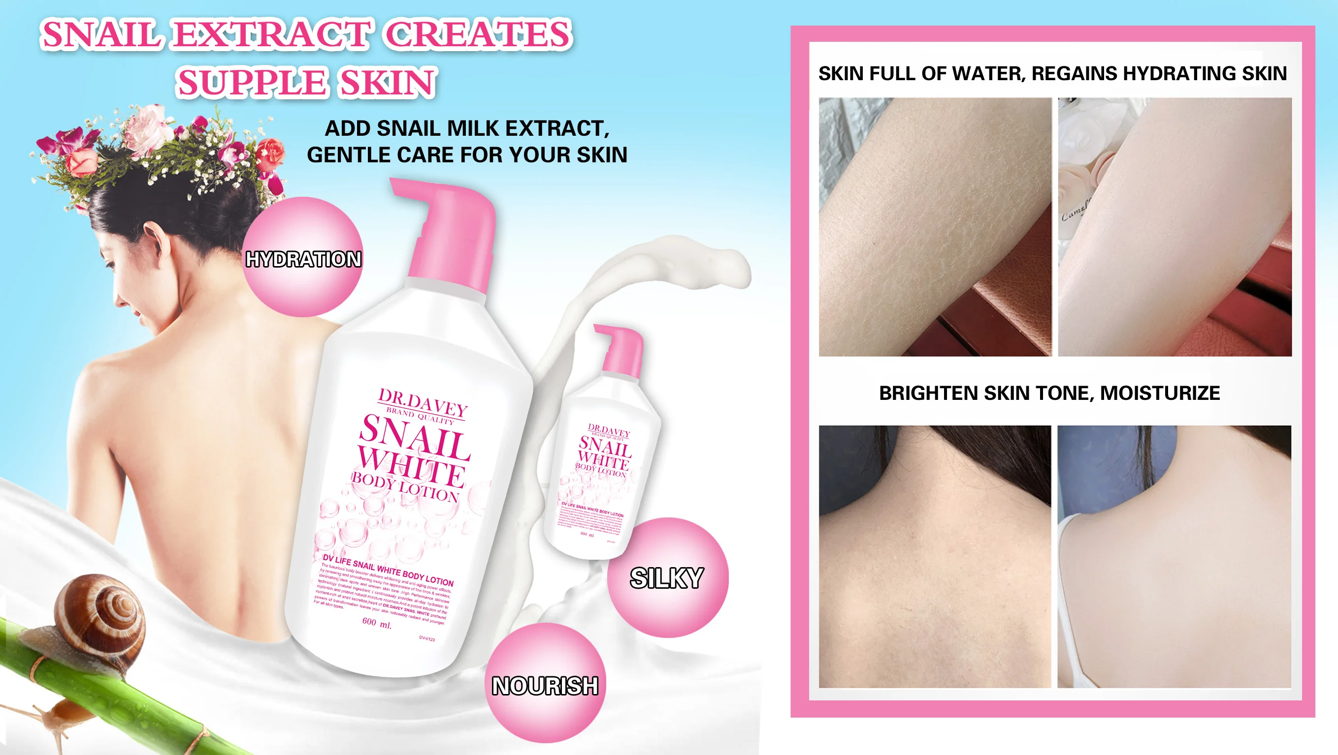Лосьон для тела DR.DAVEY snail white, натуральный ингредиент, Осветляющий, увлажняющий, успокаивающий кожу, антивозрастной, 600 мл