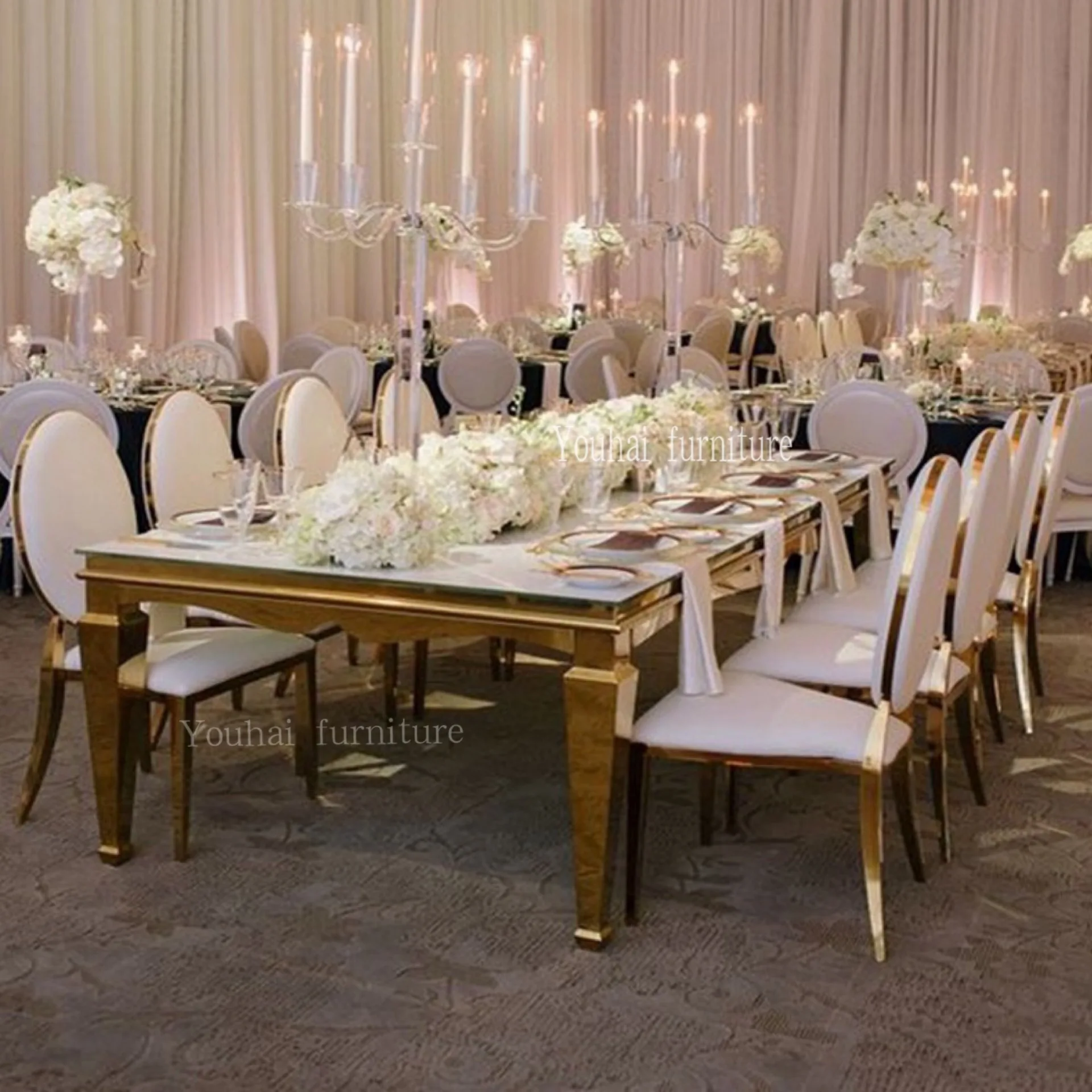 Luxury gold wedding furniture rectangular stainless steel base event banquet table for sale