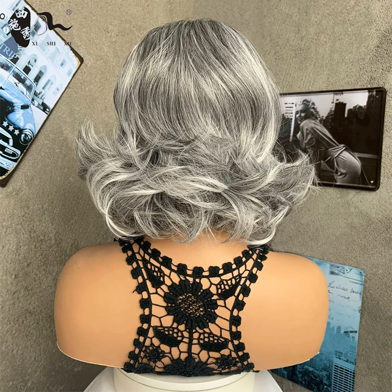 XISHIXIUHAIR short synthetic hair bob wig with kinky straight grey mixed color bob hair synthetic wigs for women