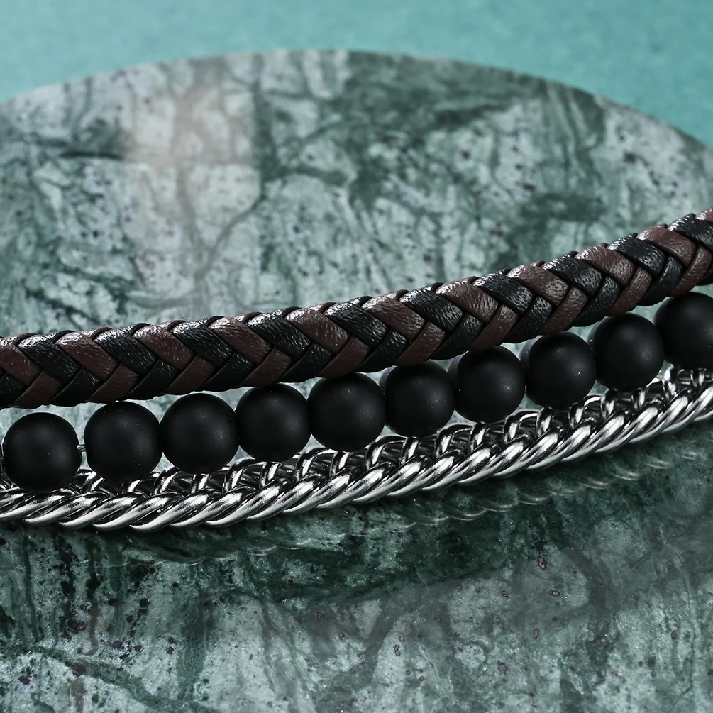 Alin Wholesale Natural Stone Bead Black Agate Beads Bracelet Multi Layer Genuine Leather Bracelet