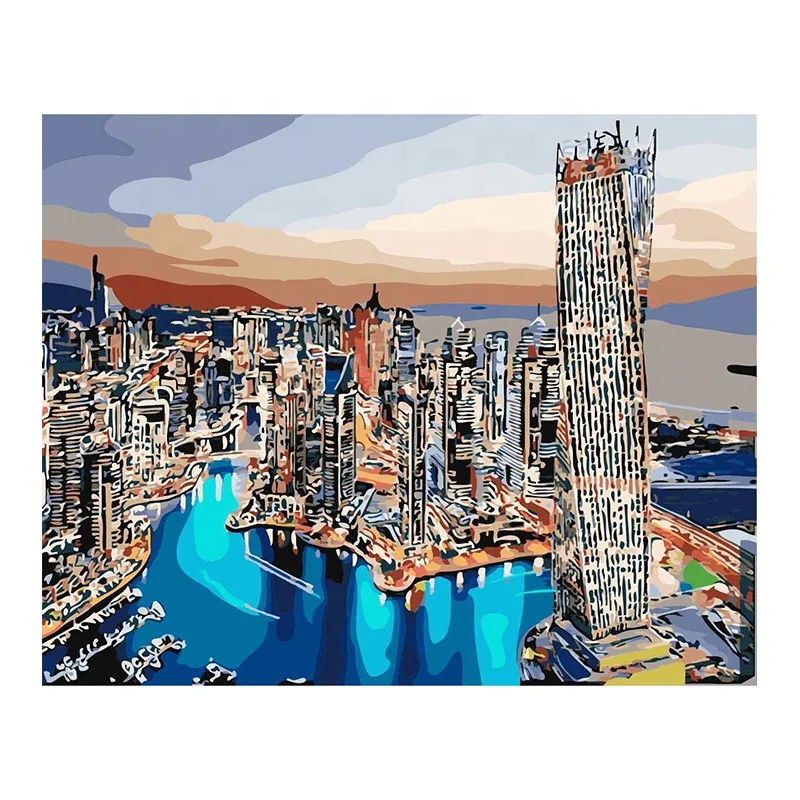 100% Handmade watery city landscape art digital canvas oil painting