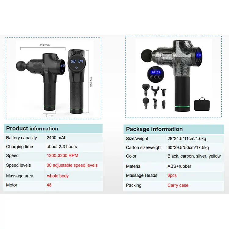 
deep tissue heating high rpm massage gun 2400mah machine 30 speed carbon 16 mm amplitude 