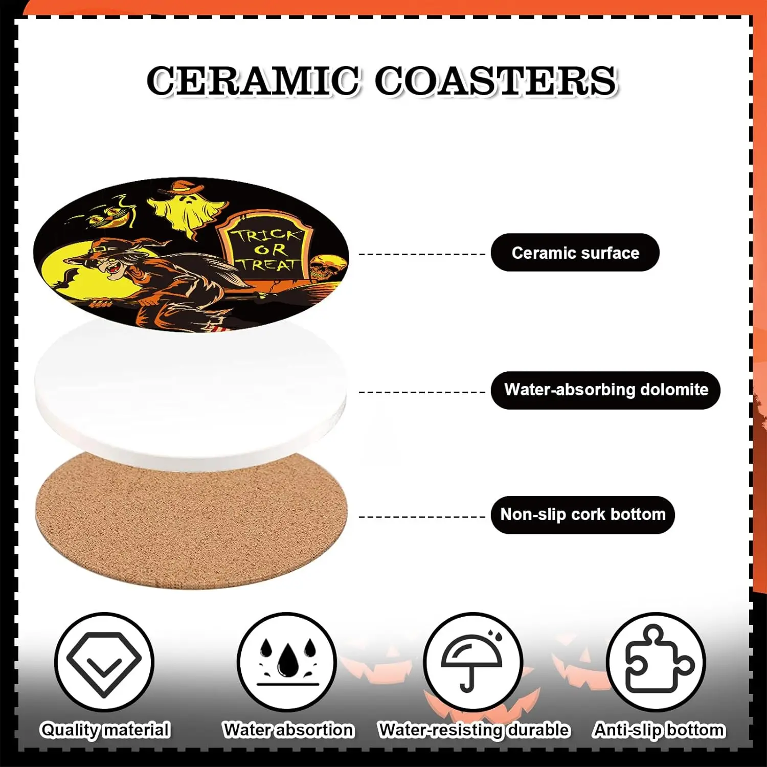 Halloween Sublimation 4.25Inch Round Ceramic Coaster with Cork Round Square Absorbent Coaster Base for Tabletop Protection