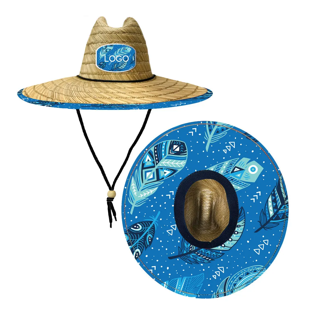 High Quality Custom Printed Logo Designer Summer Beach Straw Hats Lifeguard Surfing Sun proof Wide Brim Straw Beach Hat