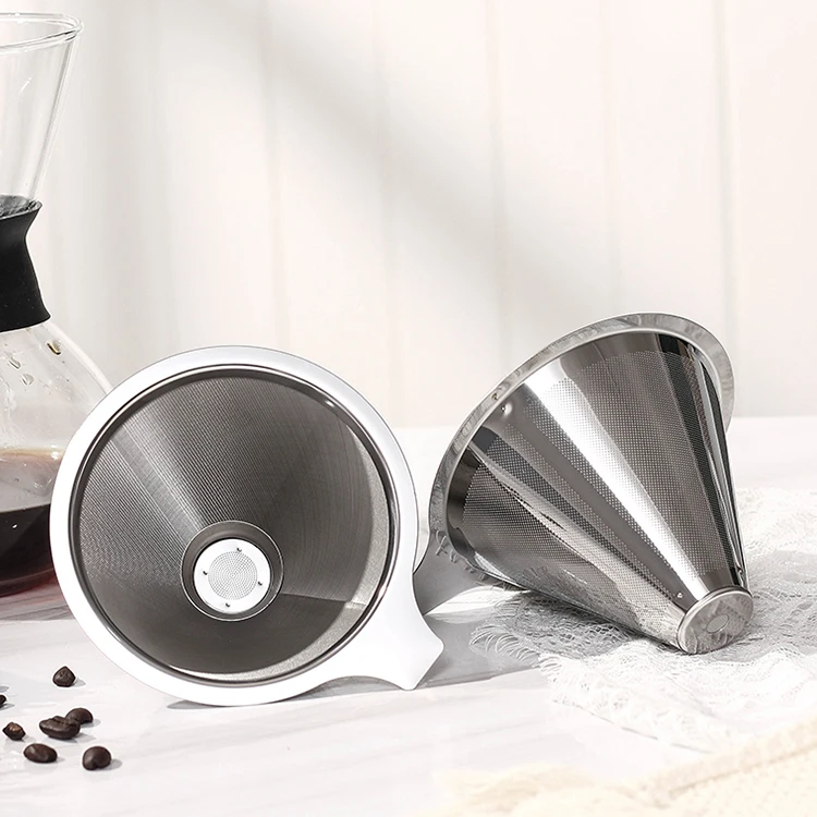 
304 Stainless Steel Mesh Cone Shape Cold Brew Coffee Dirpper Large Handle Kahve Filtre Reusable Silver Coffee Filter for 4 Cups 