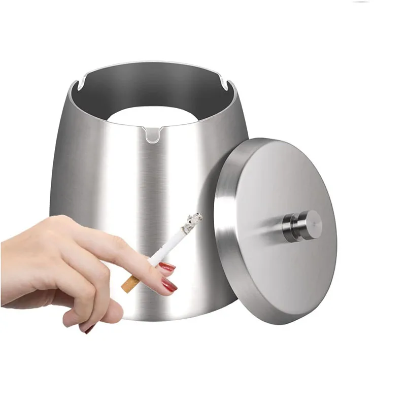 Large Outdoor Ashtray with Lid Stainless Steel Windproof Smokeless Ashtray for Home Office Decoration