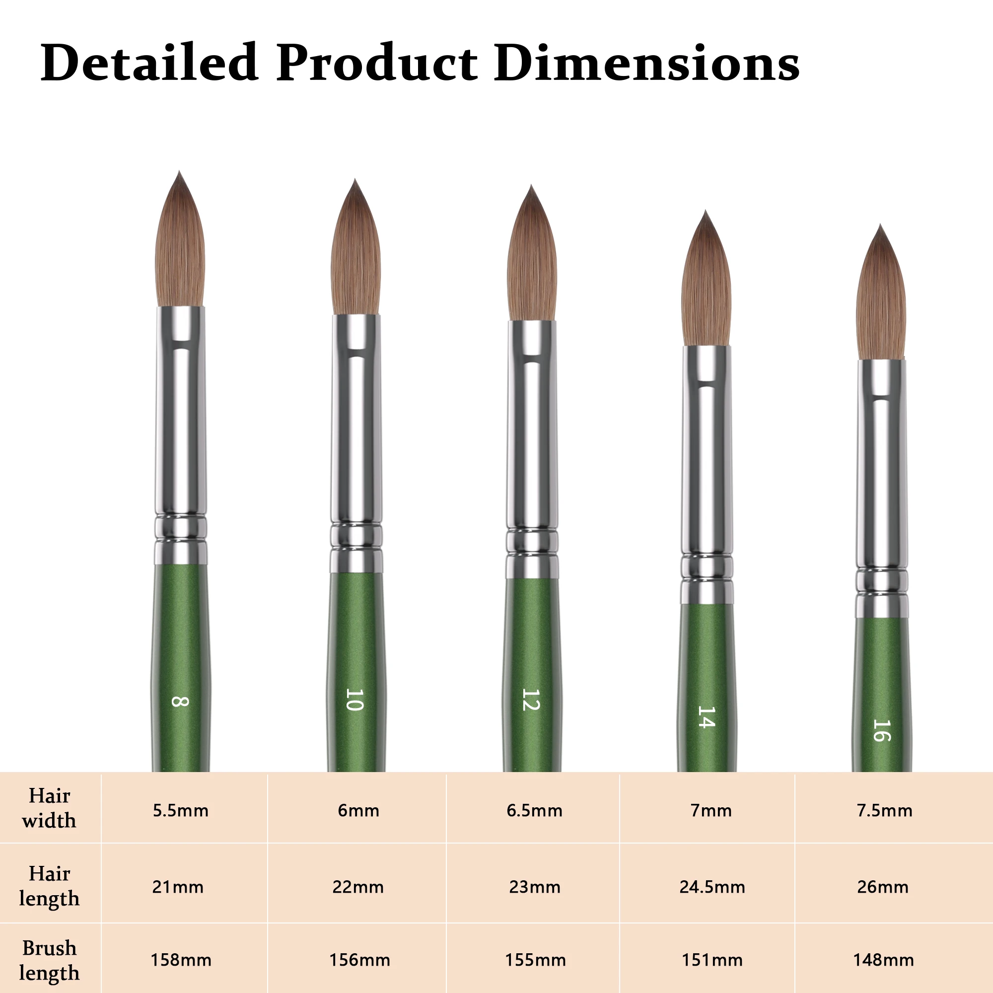 Wholesale OEM Packaging Silver Ferrule Green Wooden Crimped 100% Kolinsky Acrylic Nail Brush Nails size 8 10 12 14 16 18 20