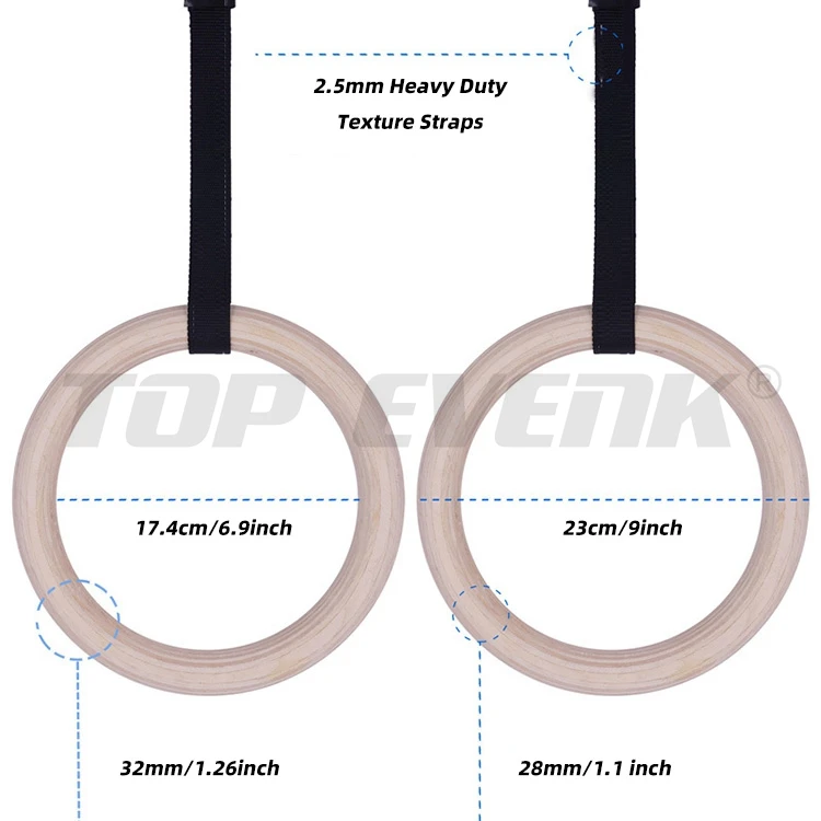 Hot Sale Custom Color Logo Gym Fitness Equipment Wooden Gym Ring with Nylon Straps