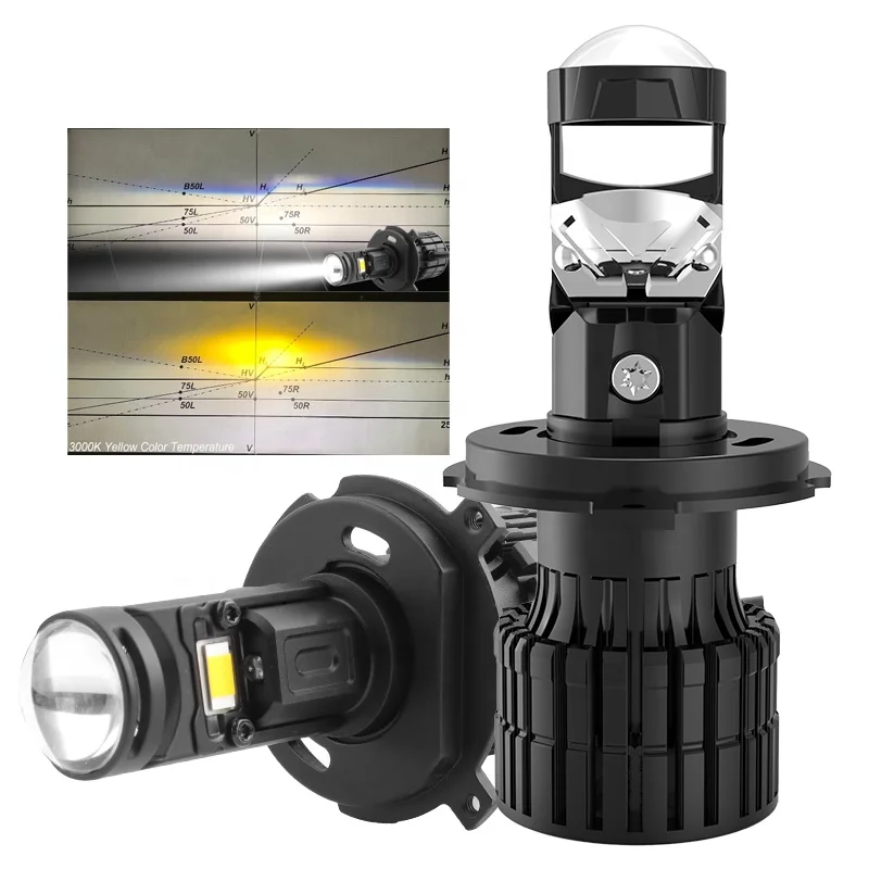 Dual Color White Yellow Light Super Bright Canbus H4 Mini Led Projector Lens 110W Car Led Headlight Projector Lens