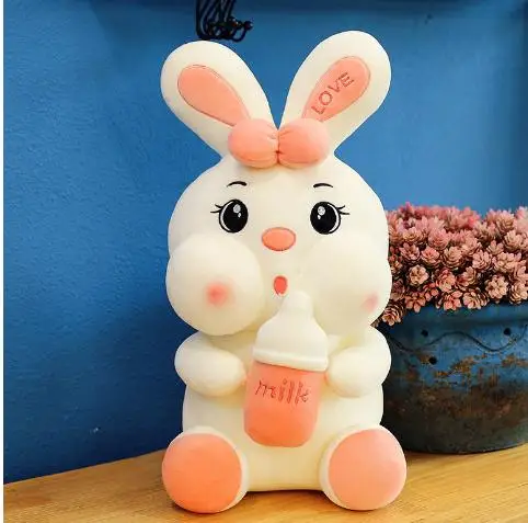 pink Big Eyes Bunny with Milk Bottle Stuffed Toy Custom Cute Plush Pillow