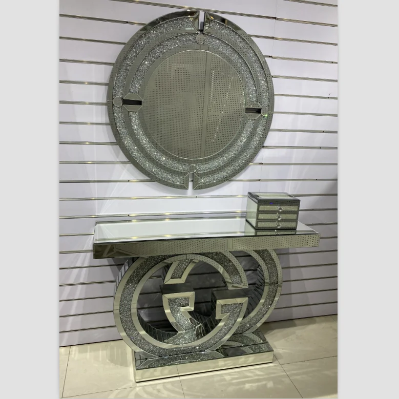 Light Luxury Hallway Decoration Furniture Gg Crushed Diamond Console Table With 3D Square Wall Mirror Set