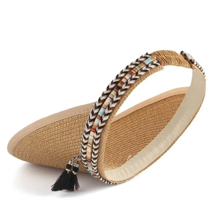 Luxury Vintage National Ethnic Women Men UV Beach Golf Cap Open Empty Top Summer Straw Sun Visors Hat