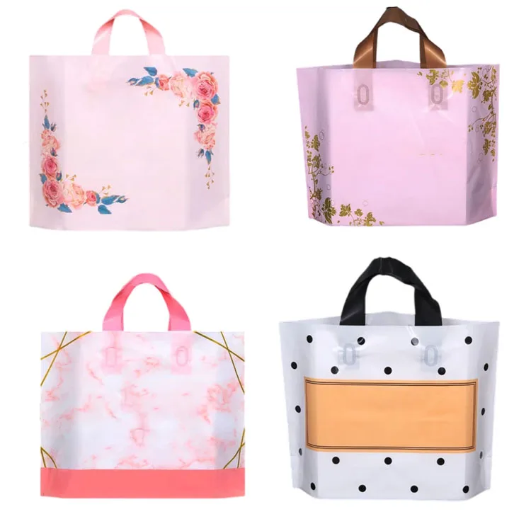 Floral Plastic Shopping Bags Retail Gift Bags With Loop Handle For Customers Boutique Parties Clothing  Packing Favors Goodies