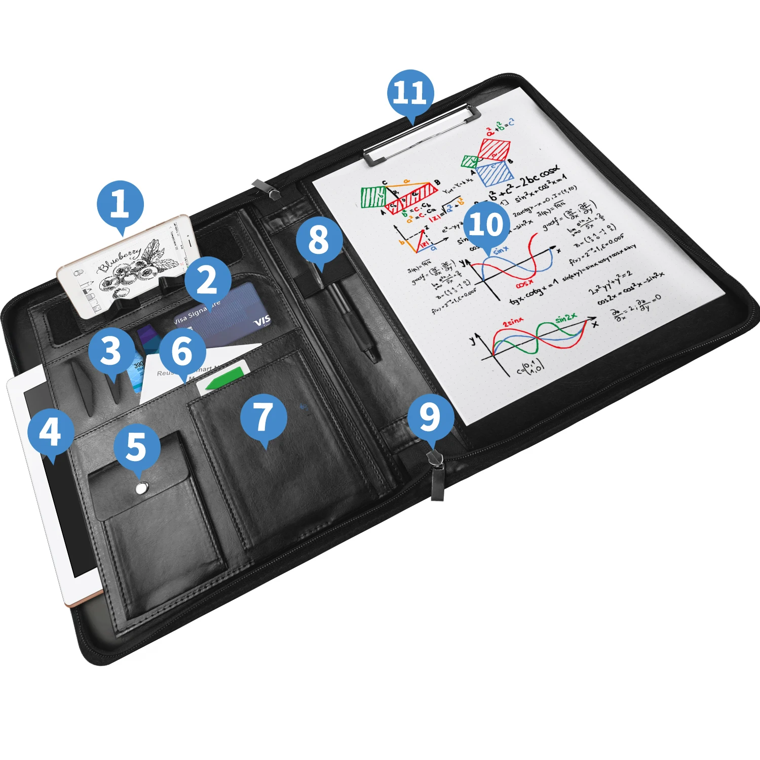 A4 Business File Folder Erasable Notepad Leather Portfolio Folder With Pen and Card Holder