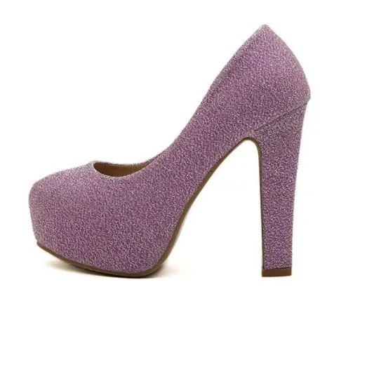 Custom Logo Fashion Ladies High Heels Solid Color Round Head Bling Sequins Waterproof Platform Block Heel Women Sexy Pumps