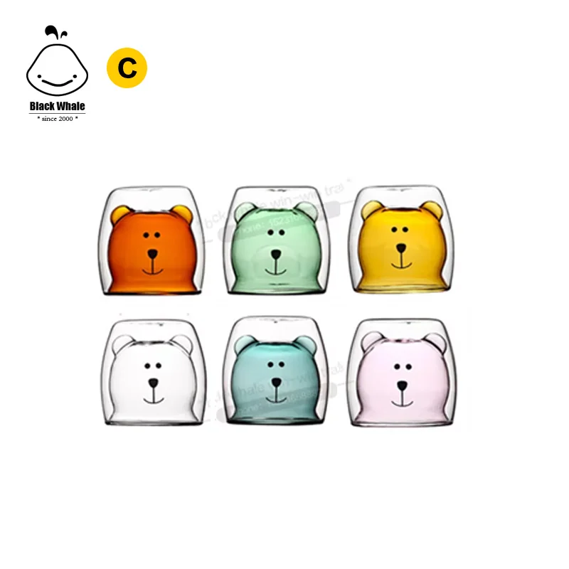 Wholesale Cute bear shaped double wall glass cup with many color Reusable  Double Wall Coffee Drinking Glass Cup
