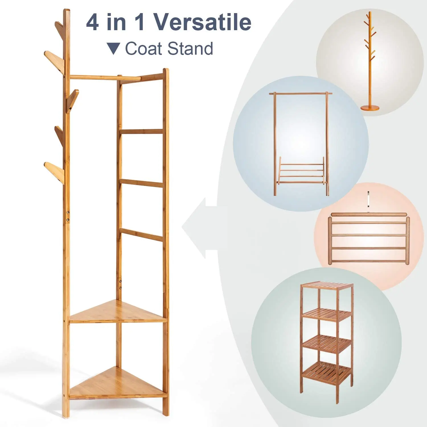 Cheap Free Standing Entryway Coat Hanger Stand Tree Shaped  Bamboo Coat Rack with 5 Hooks