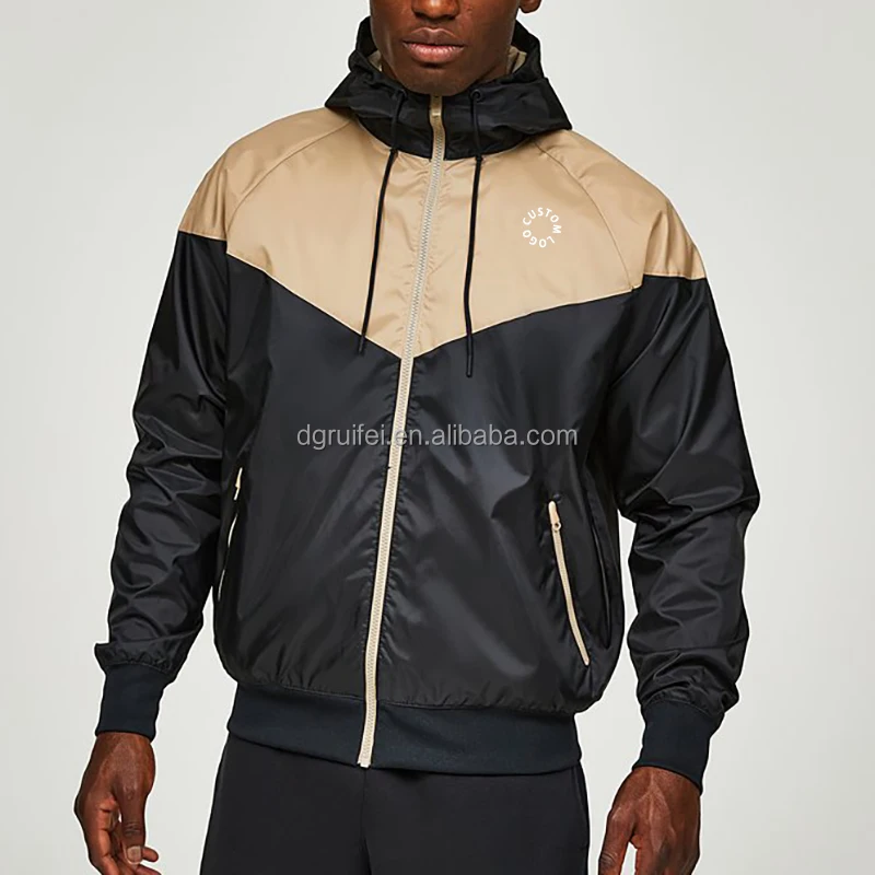 custom logo mens windbreaker jacket coat with zipper windrunner two tone lightweight 100% recycled polyester windbreaker jacket