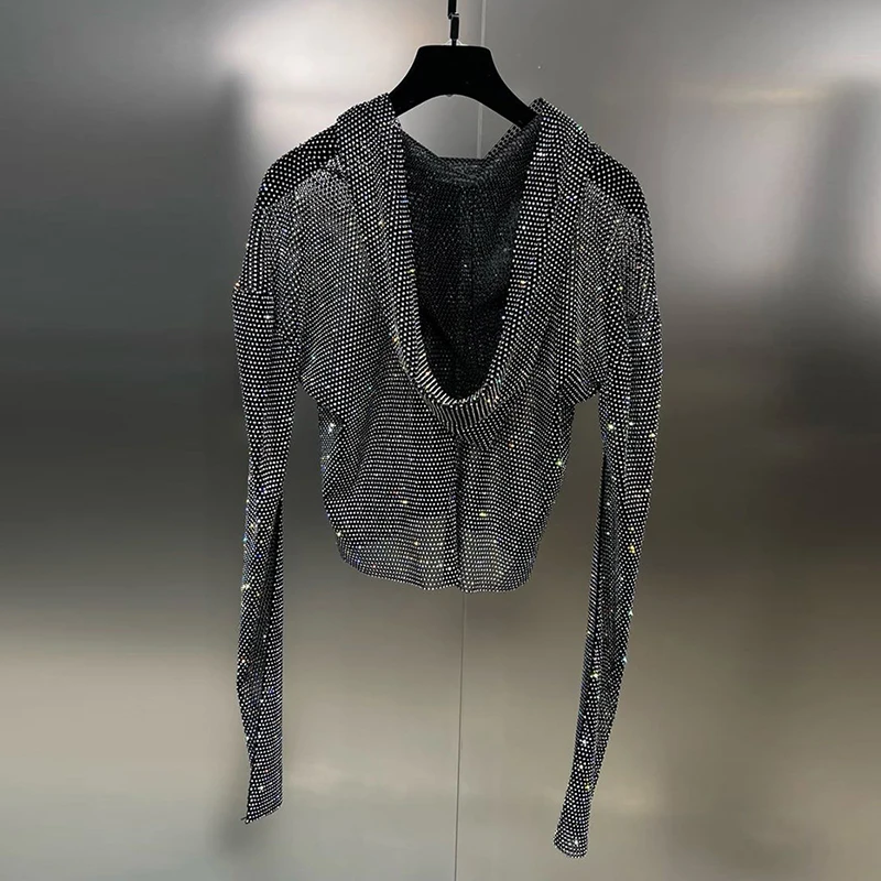 TWOTWINSTYLE Sheer Mesh Hooded Collar Spliced Diamonds Zipper Slimming Women Jacket 2023