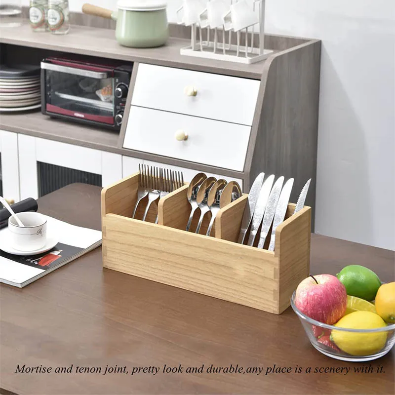 Wooden kitchen utensil holder countertop utensil storage box with 3 compartments