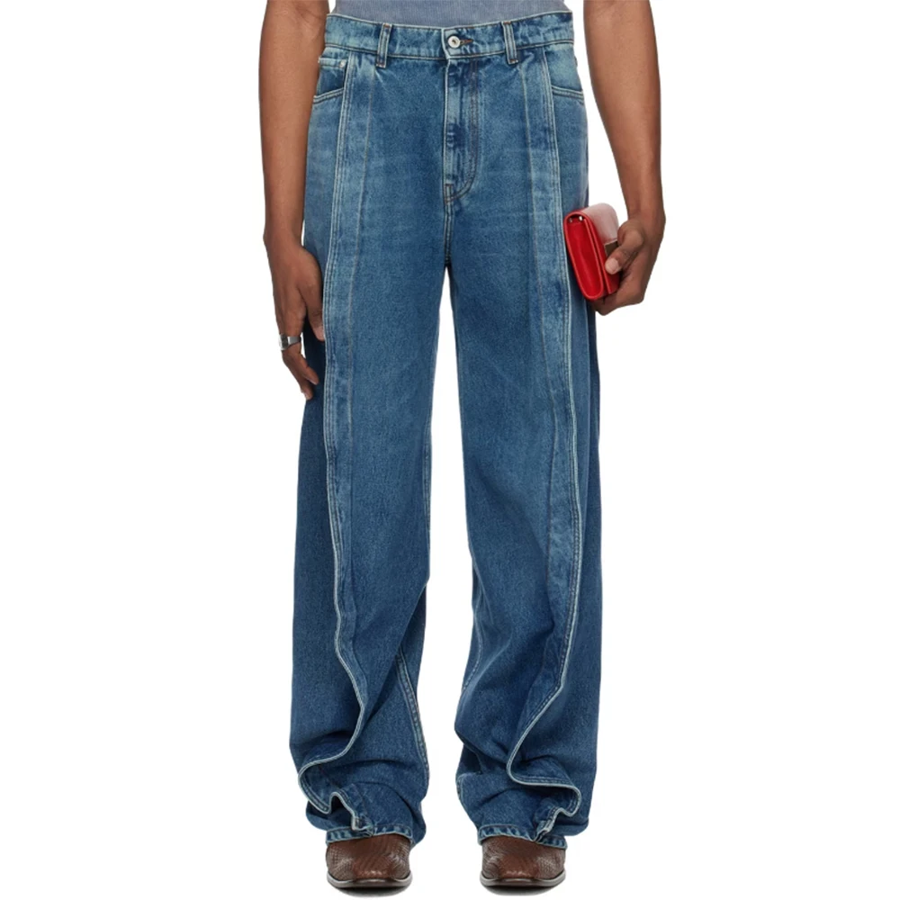 High Rise Wide Leg Fading Denim Men Jeans Blue Cotton Lapped Seams Casual Banana Man Pants Contrast Stitching Ruffled Jeans
