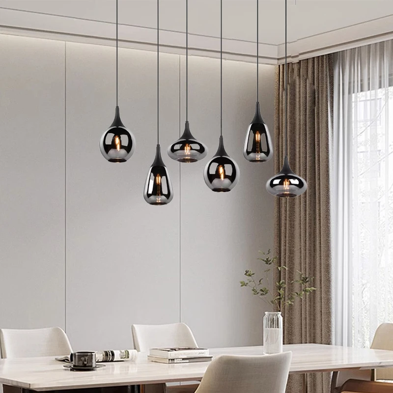 Custom OEM ODM  Pendent Lamp Matte Black Chrome Metal Glass 93x150x34cm Modern Chandeliers&Pendant Lamps With 6 Head
