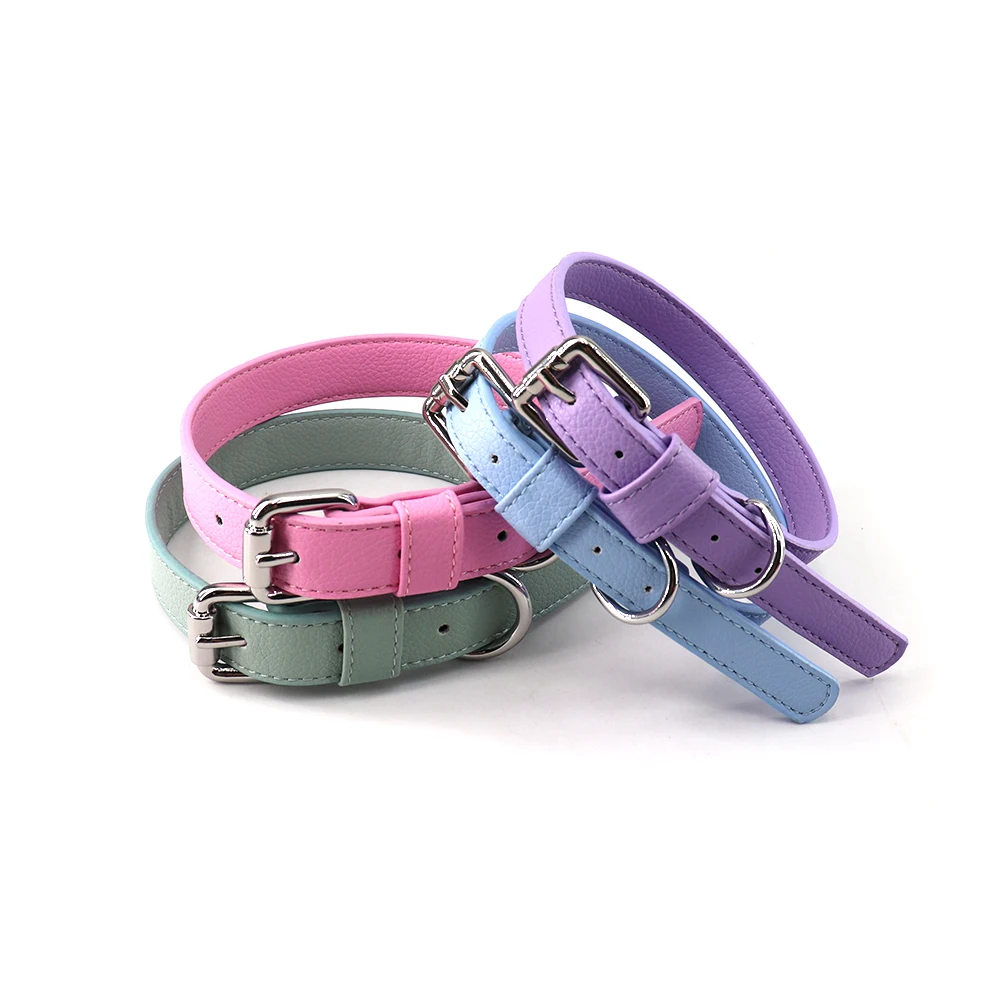 Cute Faux Leather Pure Color Adjustable Dog Collars Cat Necklace Neck Buckle Pet Collar