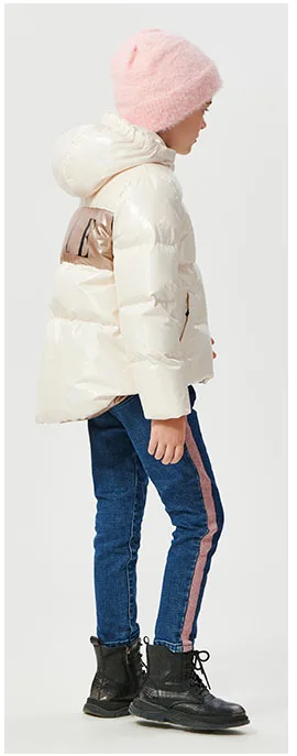 Winter duck feather leather coat lightweight quilted shiny fabric puffer kids girls down jacket