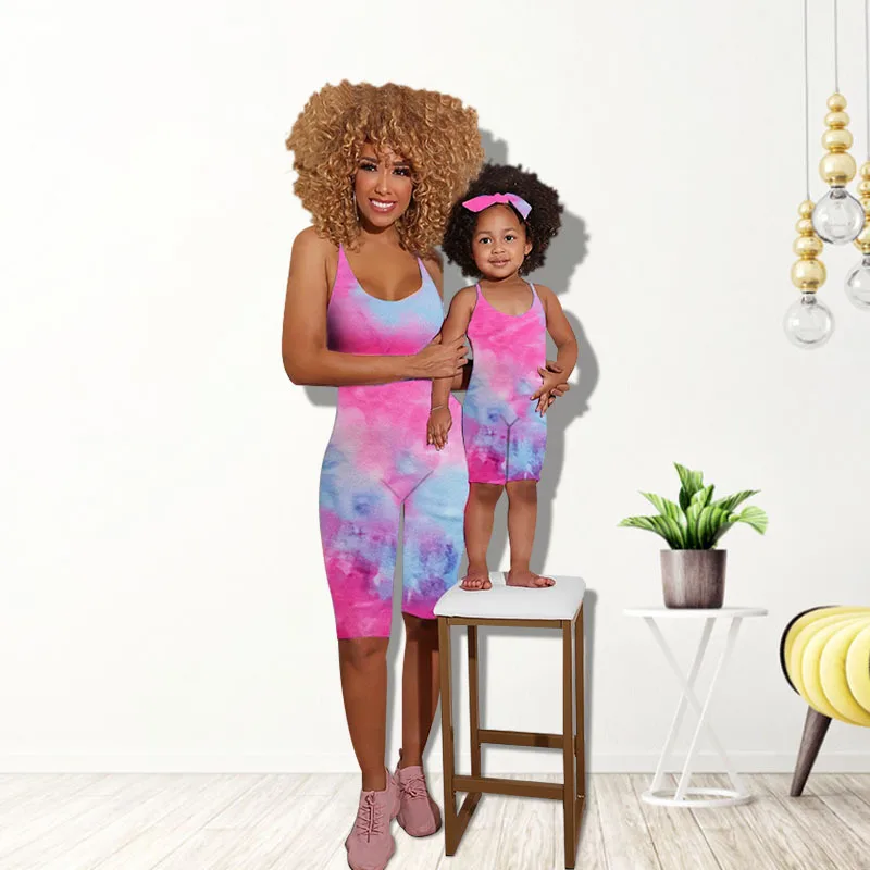 sleeveless plus sling tie dye print mommy and me onesie one piece jumpsuit family matching