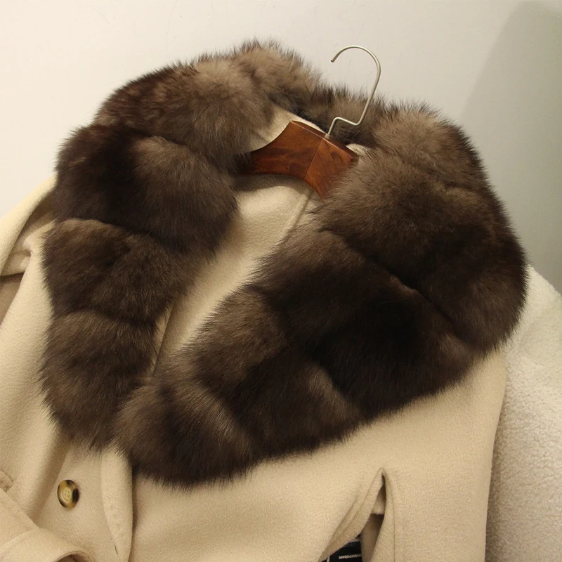 Long style women wool coat wholesale lady fashion fox fur collar woolen coat with belt