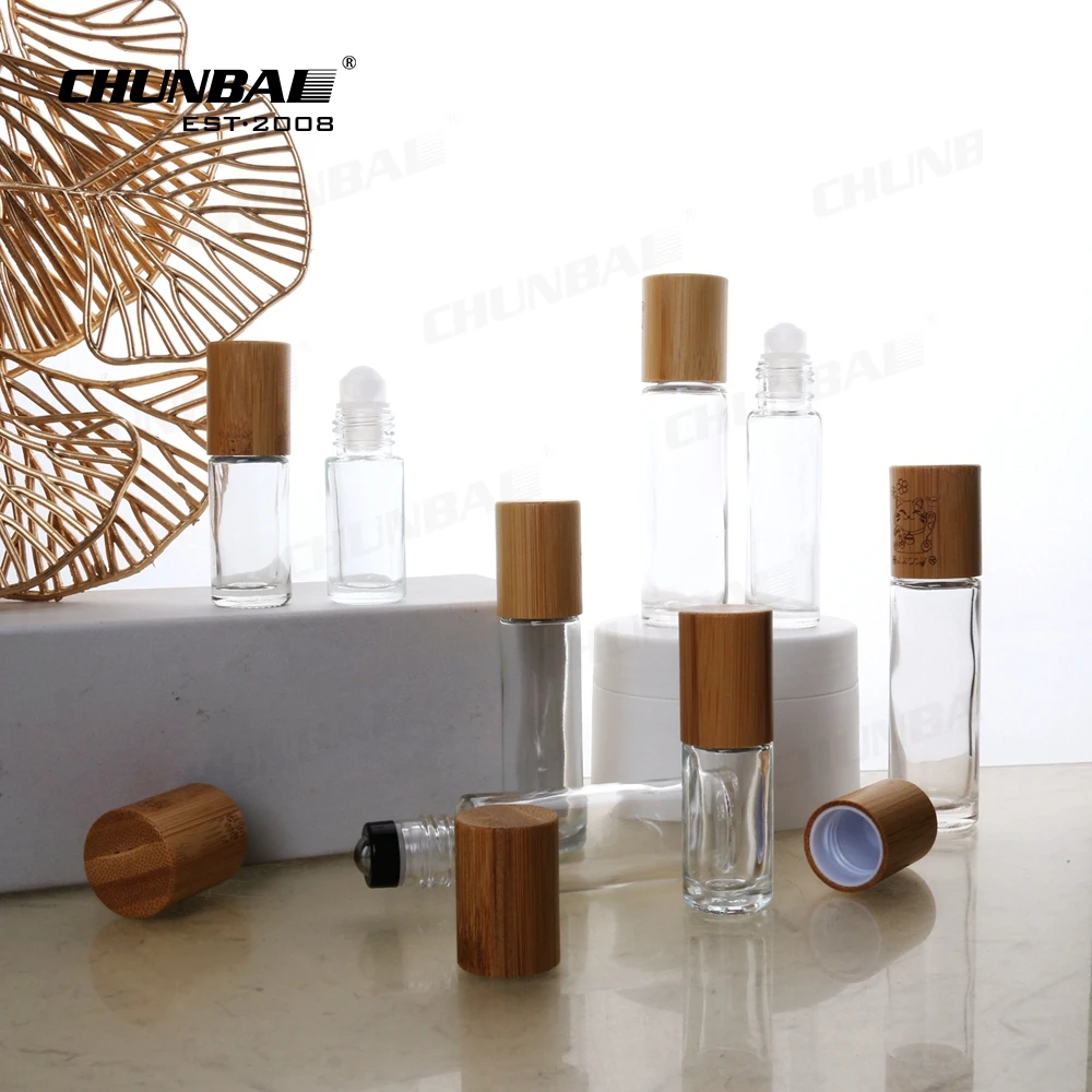 Luxury Essential Oil 5ml 15ml 30ml 50ml Serum Colored Frosted deodorant bamboo lid Roll On Glass Bottle With Box