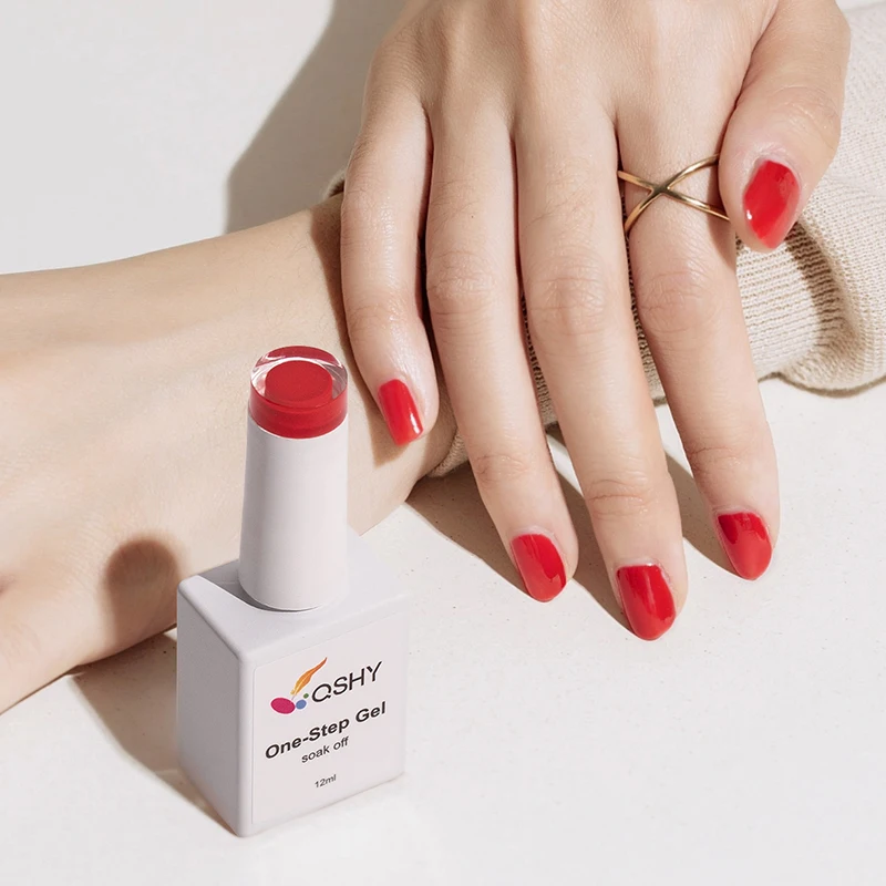QSHY  Natural Resin Organic Nail Art Product Bright Red Color Permanent Nail Polish Kit One Step Gel Wholesale For Girls
