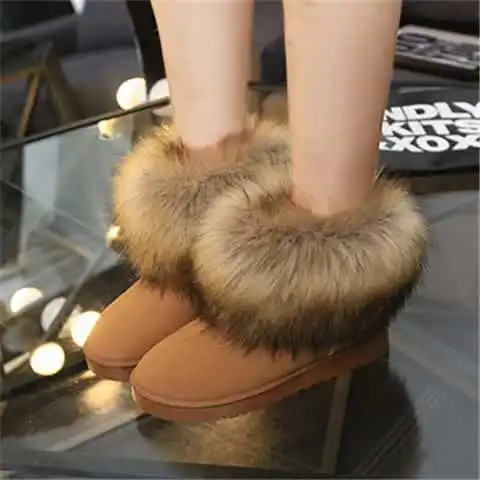 Fashion Womens Winter Raccoon Fluffy Fur Boots Casual Flat Ladies Footwear Plush Snow Boots