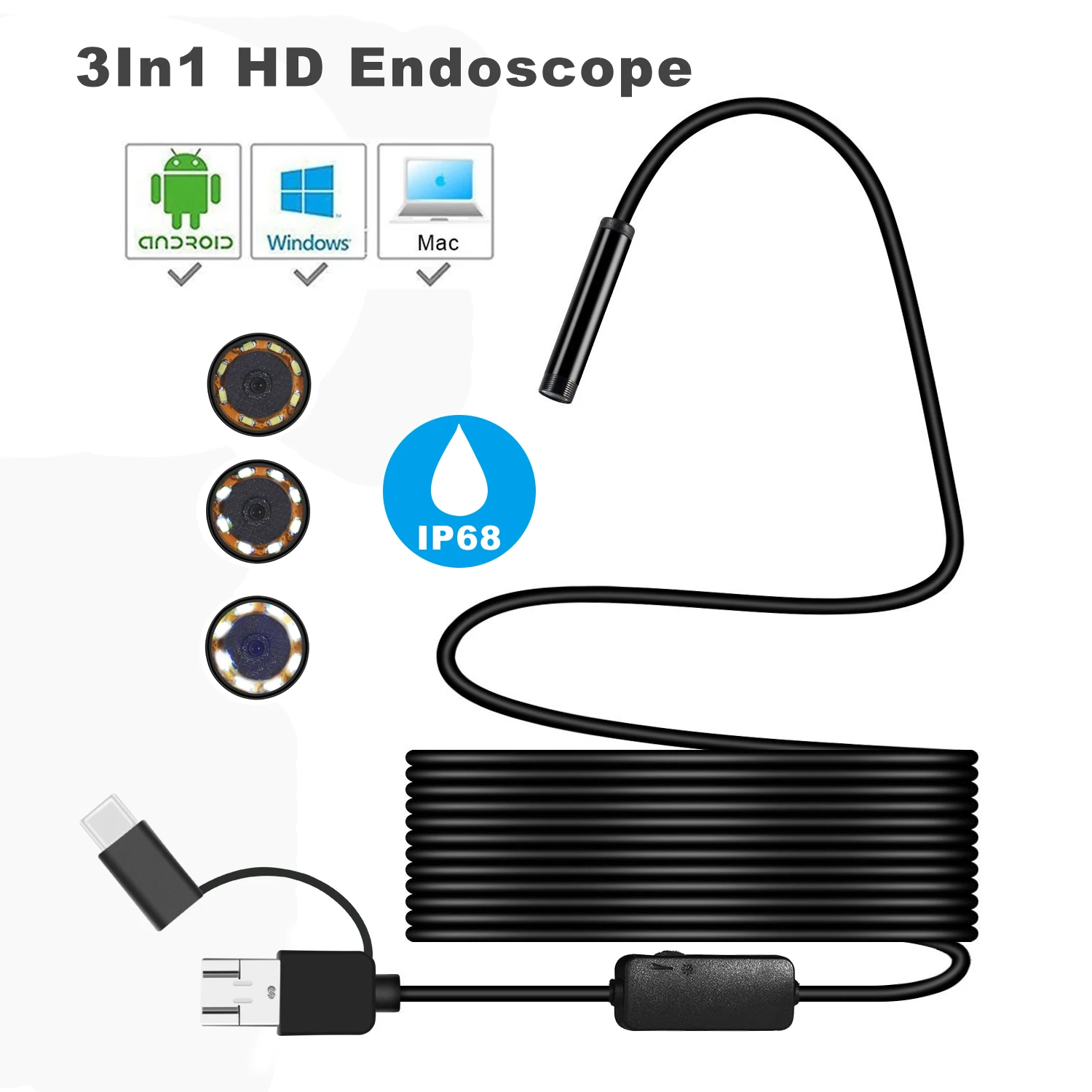 Lancol  5M Inspection Camera Snake 1200P 3in1 USB Endoscope Type C Borescope android endoscope Camera with 6 Led
