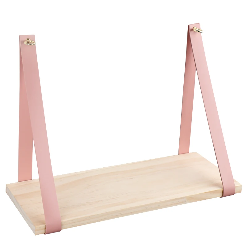 Rustic wooden wall mounted hanging shelf with leather strap wall hanging shelves
