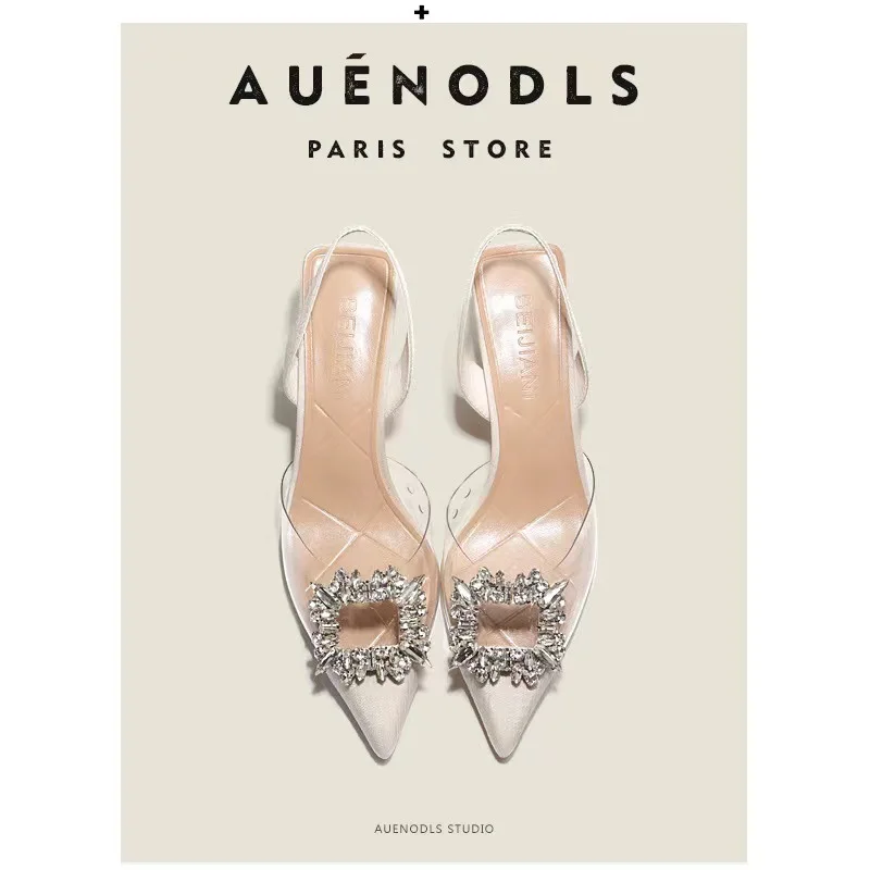Naked Apricot Transparent Square Buckle Back Hollow Thin Heel Sandals Career Interview Pointed High Heel Single Shoe Girl