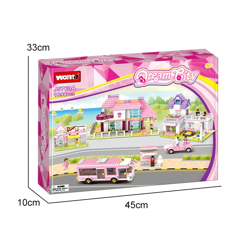 Woma Toys J5760 Pink Stree View Big Villa House Brick Building Blocks Kids Girls