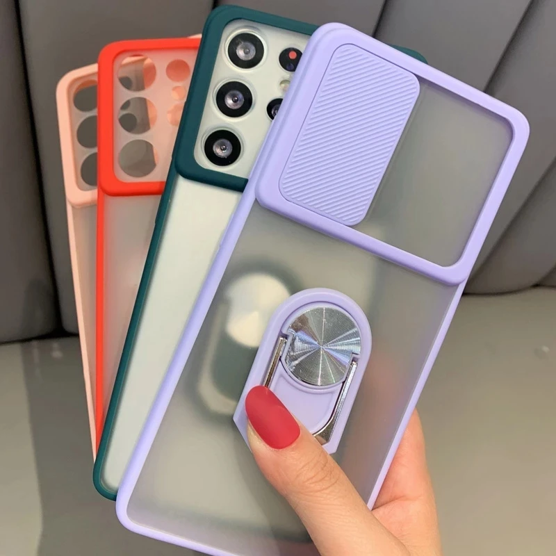 Slide Camera Lens Protection Phone Case For Samsung S21 Plus Ultra S20 FE A52 A72 A51 A71 A32 F62 Note 20 Ring Holder Soft Cover