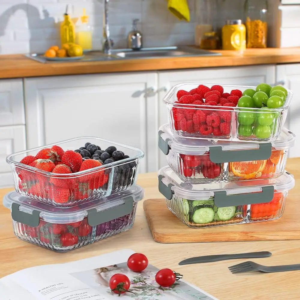Glass Meal Prep Containers 2 Compartments, 5 Packs 36 oz, Airtight Glass Lunch Bento Box Glass Food Storage Containers