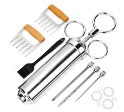 Amazon Hot Selling 2oz Syringe with 3 Needles 304 Stainless Steel Meat Marinade Injector syringe with Meat claws  for BBQ Grill