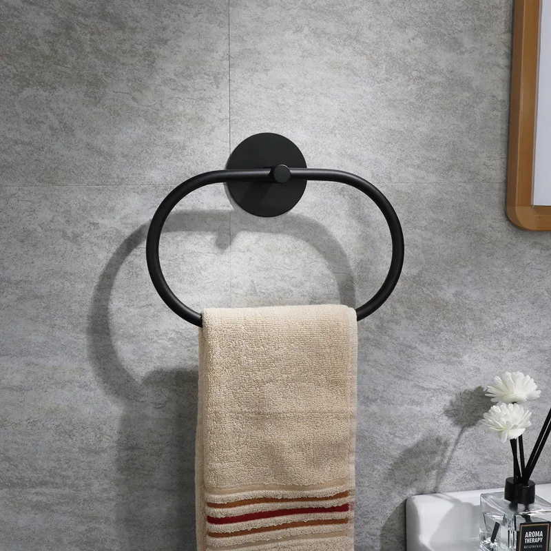 Hot sale convenient and useful stainless steel towel ring self adhesive wall mounted bathroom black towel rack