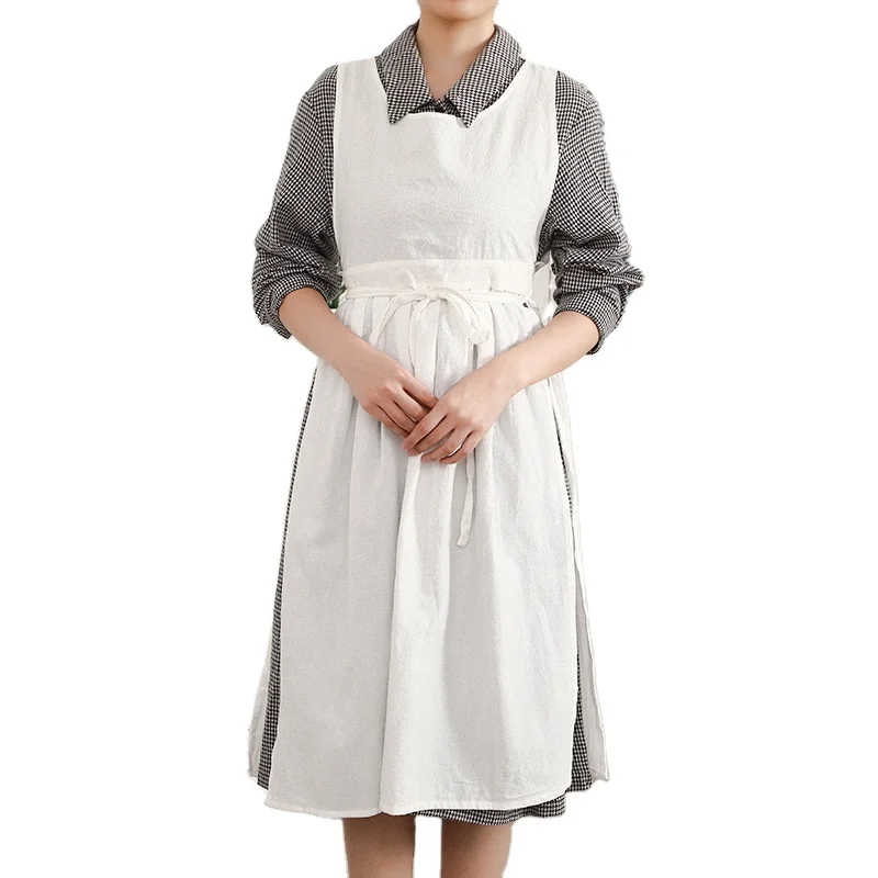 Cotton linen apron solid color small fresh sleeveless apron wear literature and art girl apron at home and abroad