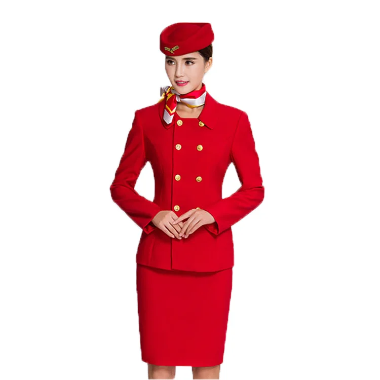 Custom Best Quality Cabin Crew Uniform Red Flight Attendant Uniform Suits Stewardess Uniforms