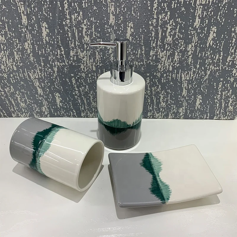 Modern hand-paiting design Landscape reflection ceramic bathroom set 4pcs toilet brush holder, cup, dish and soap dispenser