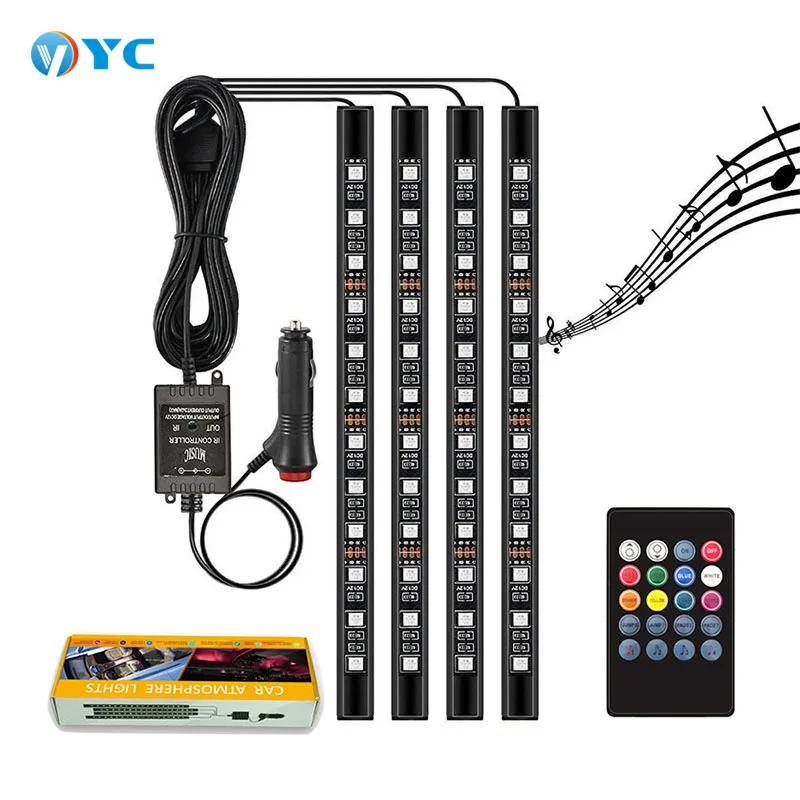 Водонепроницаемая автомобильная светодиодная лента Rgb 5050smd, 4 шт., 12 В, 48 светодиодов, многоцветный App контроллер, подсветка автомобиля, комплект освещения для салона