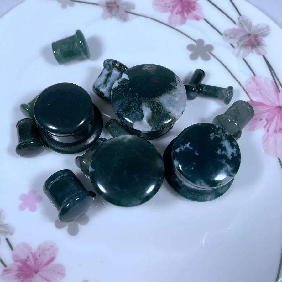 Wholesale Best Quality Beautiful natural stone moss agate single flare plug with groove Body Jewelry Ear Plugs Earplugs Piercing