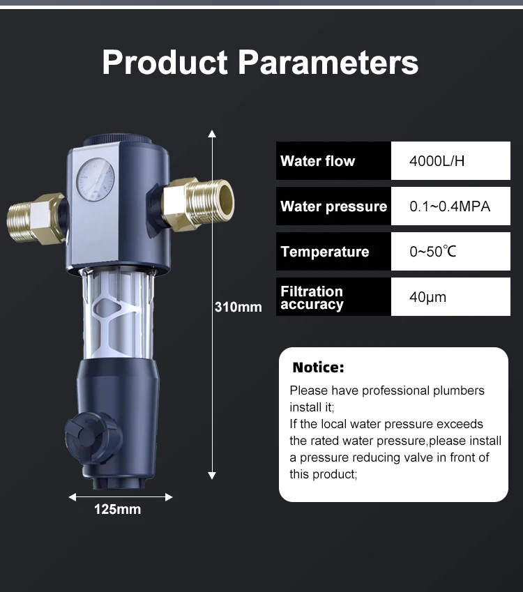 Reusable 40 Micron Whole House Reverse Osmosis System Prefilter with Auto Clean 5 Stages Water Filter Cartridge